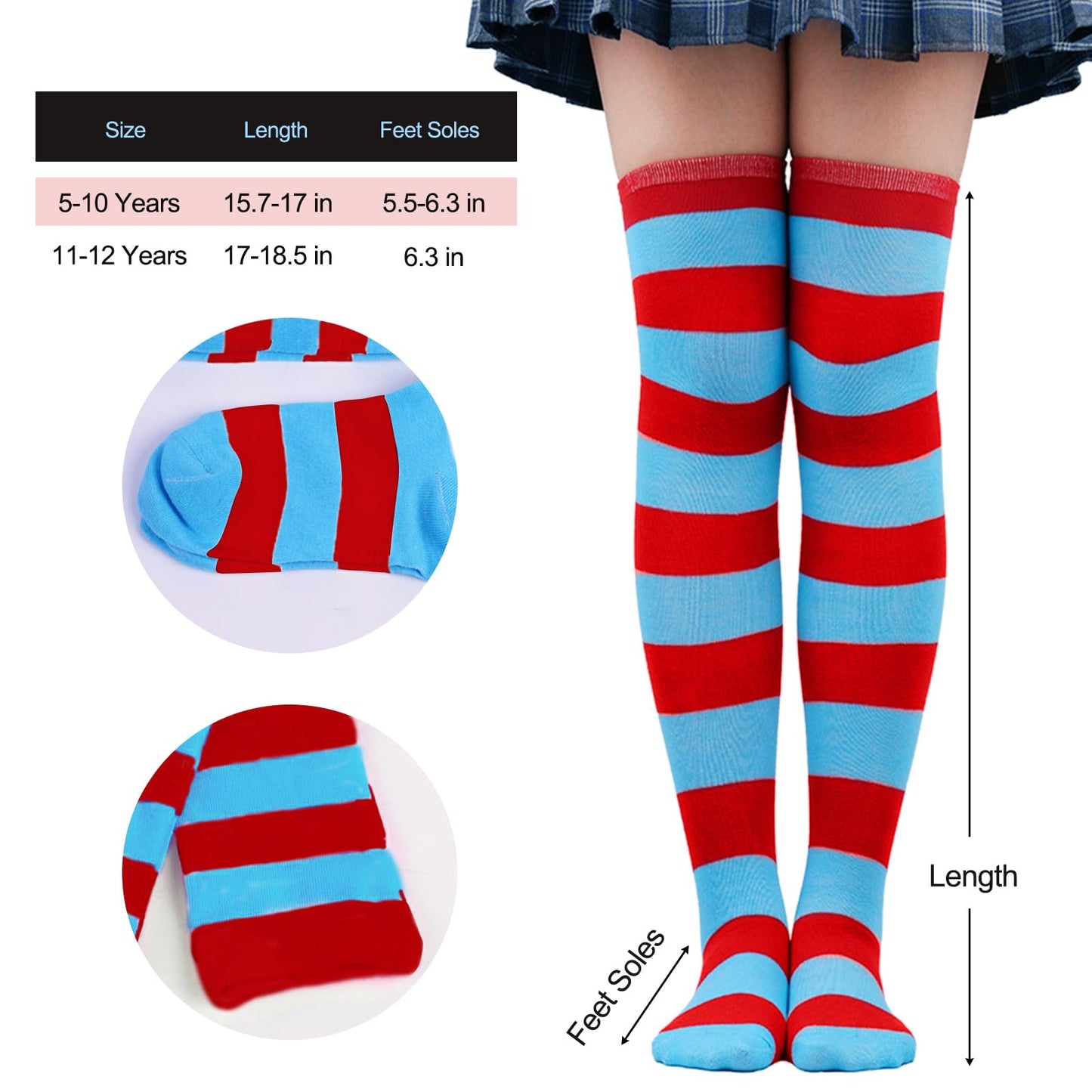 KDVOG Girls Halloween Costumes Accessories Set,Include Tulle Tutu Skirt Red T Shirt Striped Thigh High Socks Blue Headband