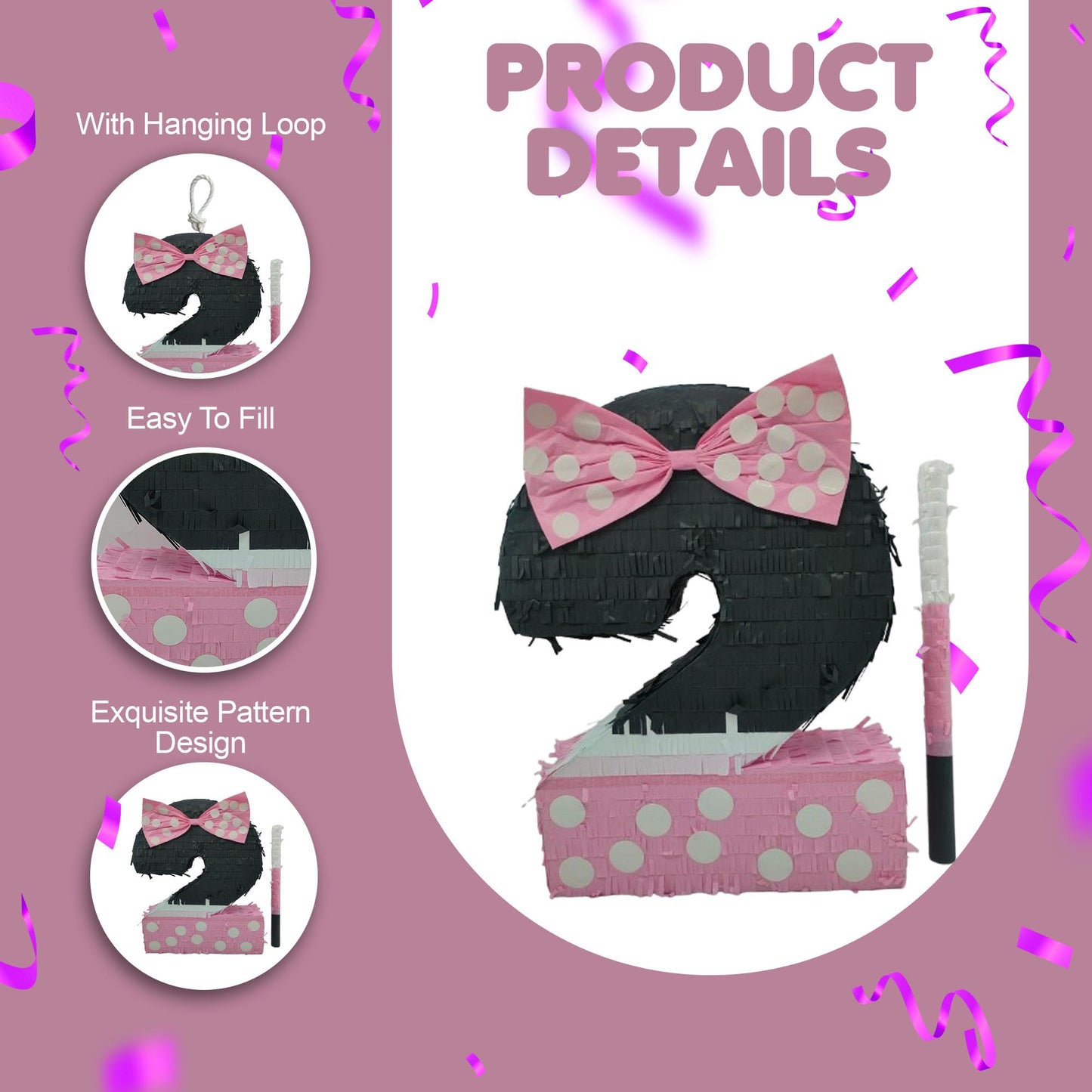 A Pinata 4 U Pink & Black Number Two Pinata - Princess Theme, 17.5x13.5x3.5 Inches, Cardboard Birthday Party Decorations