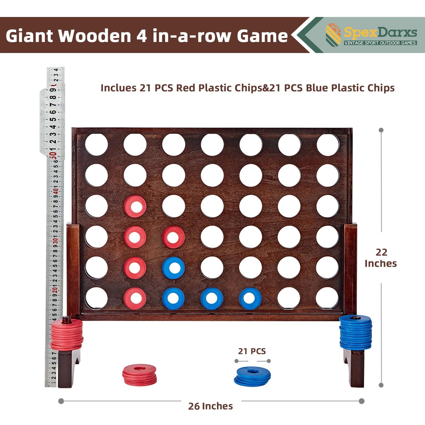 Spexdarxs Giant 4 In A Row Game, Wooden Jumbo 4-To-Score Set For Indoor & Outdoor Family Fun-Line Up Four Travel Board Games With 42 Coins & Ring Holders & Carrying Bag