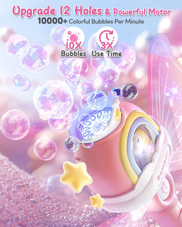 Bubble Wands for Girls Kids, Bubble Machine LED Light Princess Toys with 4 AA Batteries & 2 Solutions, Girl Stuff Outdoor Party