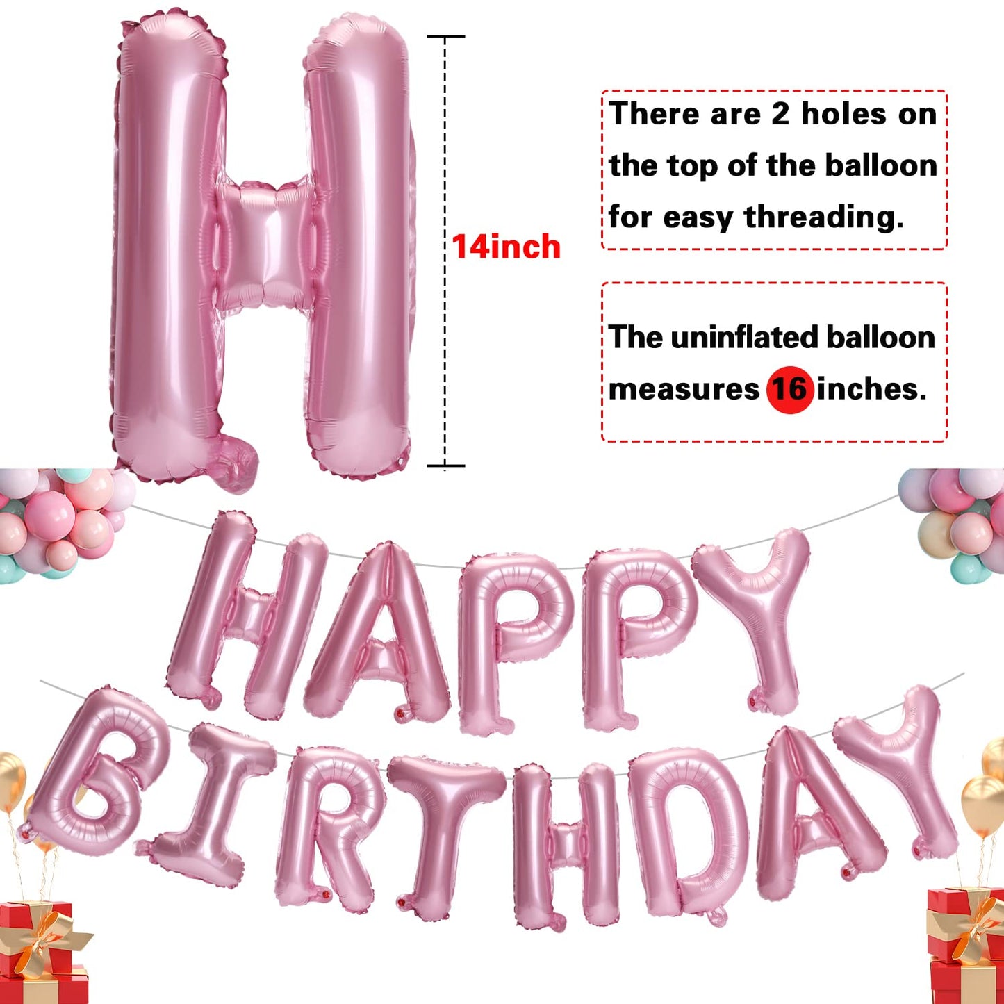 Accevo Pink Foil Happy Birthday Banner - 16 Inch Aluminum Balloons for Kids & Adults Birthday Decorations