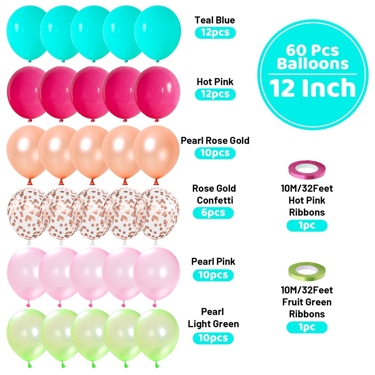 Tropical Party Balloons, 60 Pcs Hawaii Balloons, 12 Inch Hot Pink Teal Blue Latex Balloons Pearl Rose Gold Confetti Balloons For
