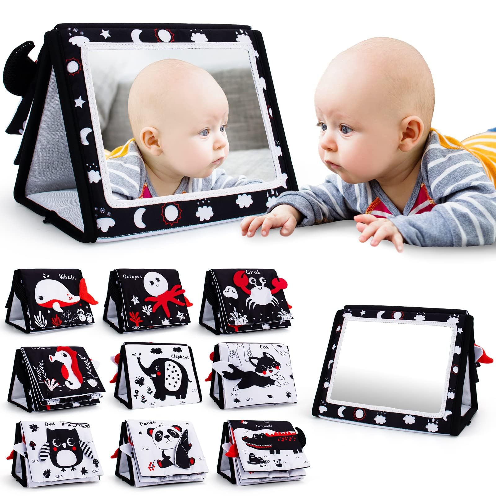 Oarifun Tummy Time Mirror, Baby Tummy Time Toys With Soft Book, Black And White High Contrast Baby Toys, 3D Activity Sensory Montessori Toys Crawling Mat