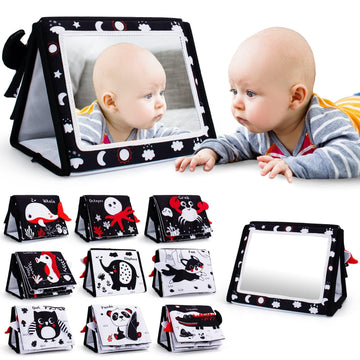 Oarifun Tummy Time Mirror, Baby Tummy Time Toys With Soft Book, Black And White High Contrast Baby Toys, 3D Activity Sensory Montessori Toys Crawling Mat