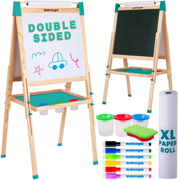 Blue Squid Art Easel for Kids Including 100+ Accessories - Double Sided Adjustable Wooden Painting Easel with Magnetic Chalk Boa