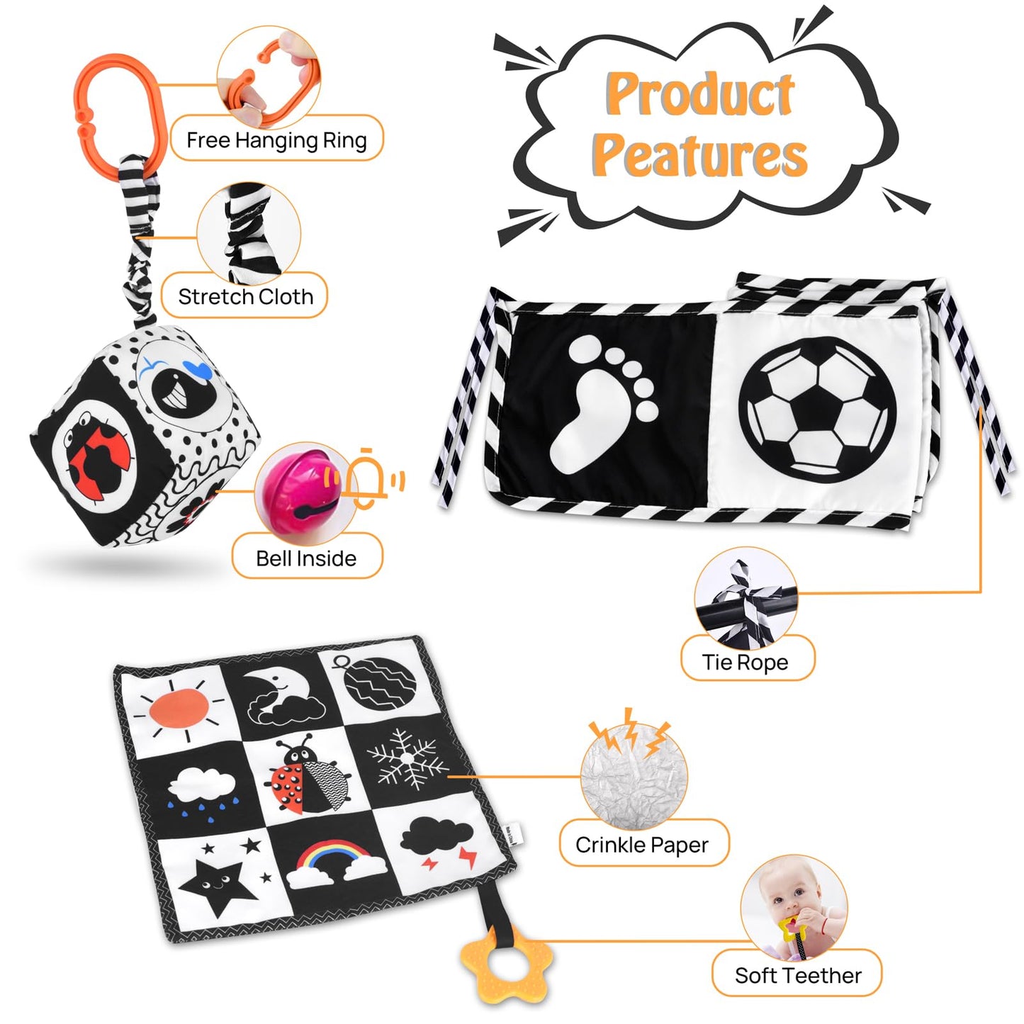 Sammas Black And White High Contrast Baby Toys 0-3 Months For Newborn Toys Infant Sensory Soft Book Infant Tummy Time Toys For Brain Development Montessori Learning Activities For Babies(3 Pcs)