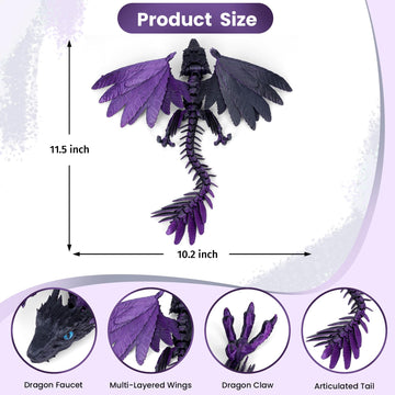 Shuwnd 3D Printed Dragon With Wings, Feathered Wyvern Dragon,Full Articulated Crystal Flying Dragon,Realistic Large Pet Dragon, Flexible Shoulder Dragon Stuff 3D Printed Animals Toy (Purple Black)