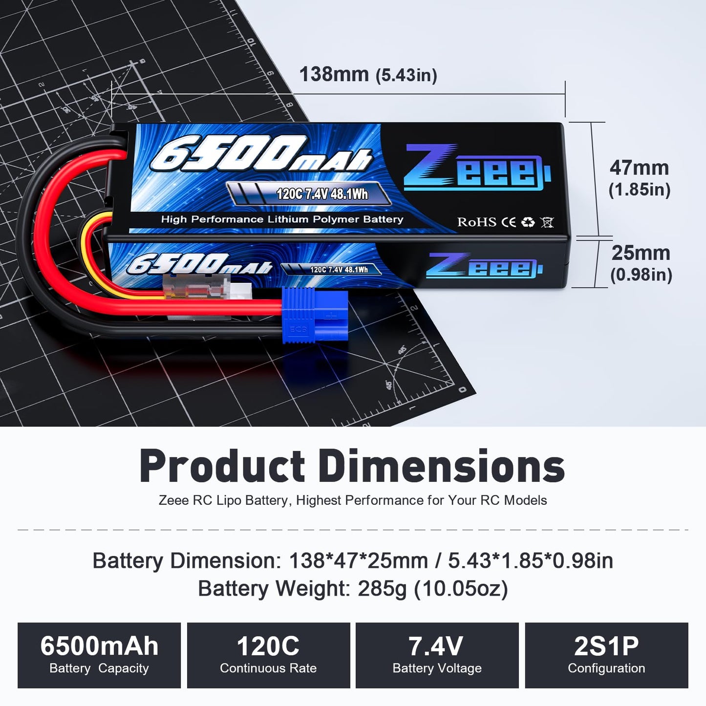 Zeee 2S Lipo Battery 6500mAh 120C 7.4V Hard Case Battery with EC3 Connector for RC Vehicles RC Car Truck Truggy 1/10 Scale Racin