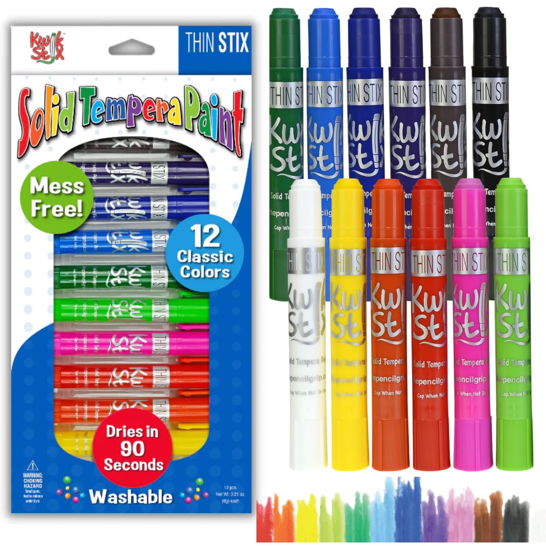 The Pencil Grip Kwik Stix Solid Tempera Paints, Thin Stix Paint Pens, Super Quick Drying, 12 Classic Colors for Children - 12 Pa