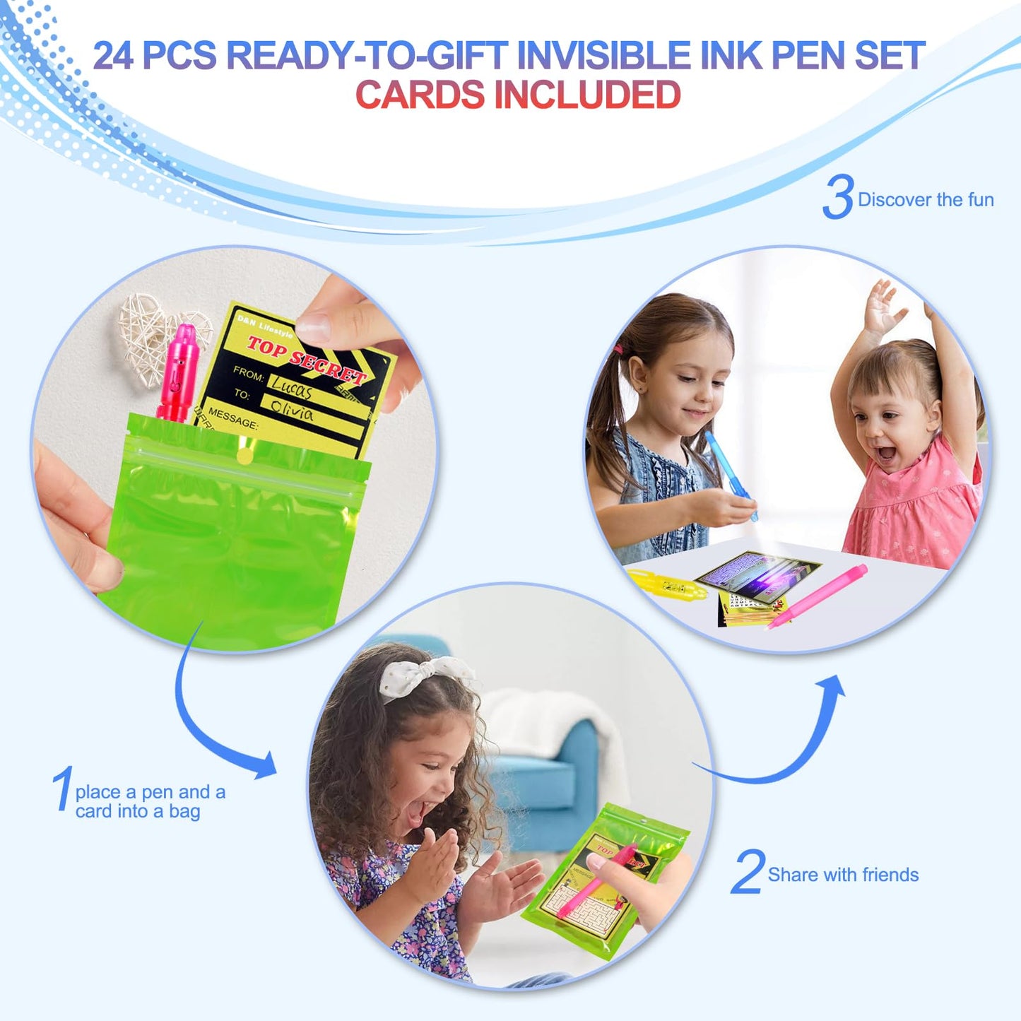 D&N Lifestyle 24 pcs UV Invisible Ink Pens with Word Search & Maze Activities Cards, Education & Party Favors, End of School Yea
