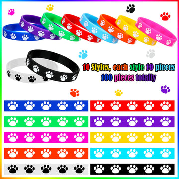 Funtery 100 Pcs Paw Print Rubber Bracelet Silicone Stretch Wristbands Dog Paw Silicone Bracelet Rubber Wristbands Dog Party Favo