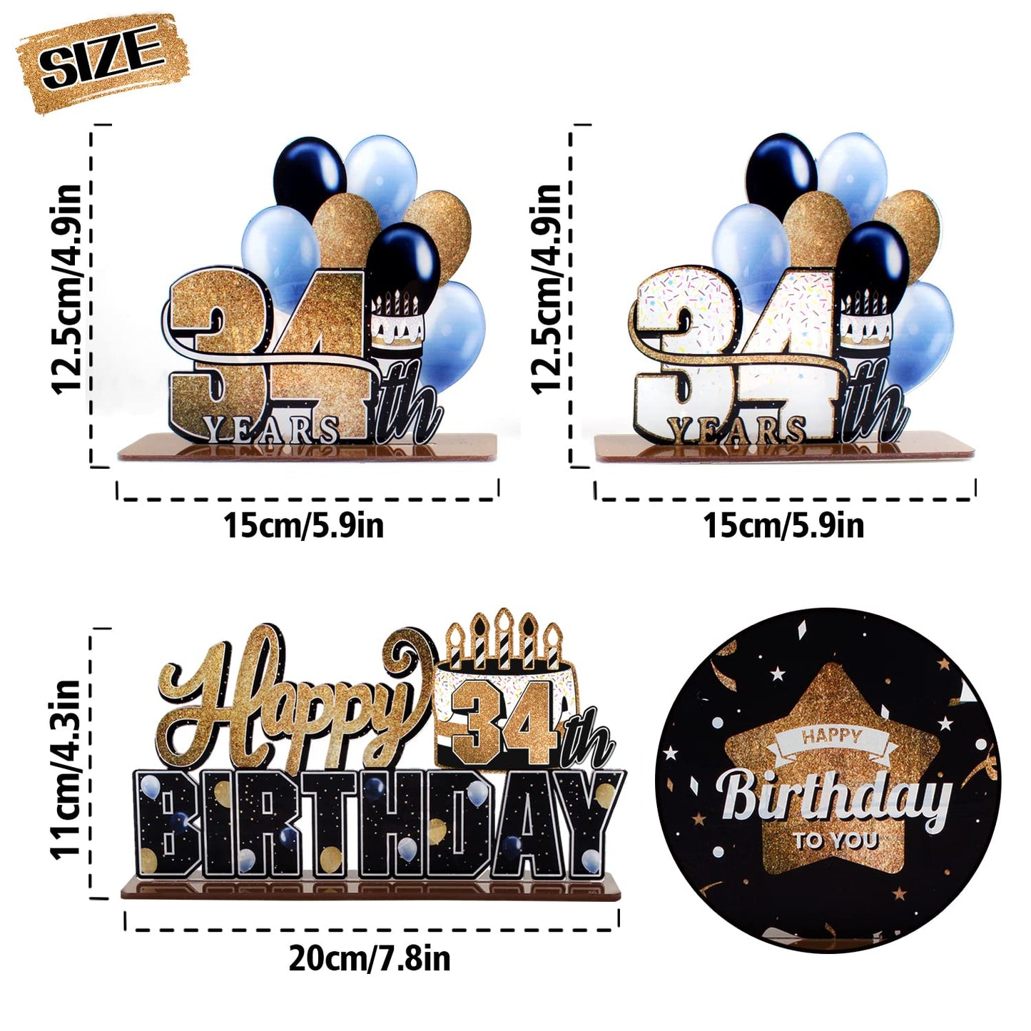 Lingteer Happy 34Th Birthday Gold Acrylic Table Topper Centerpieces Set - Cheers To 34 Years Old Birthday 34Th Bday Party Gift Decorations.