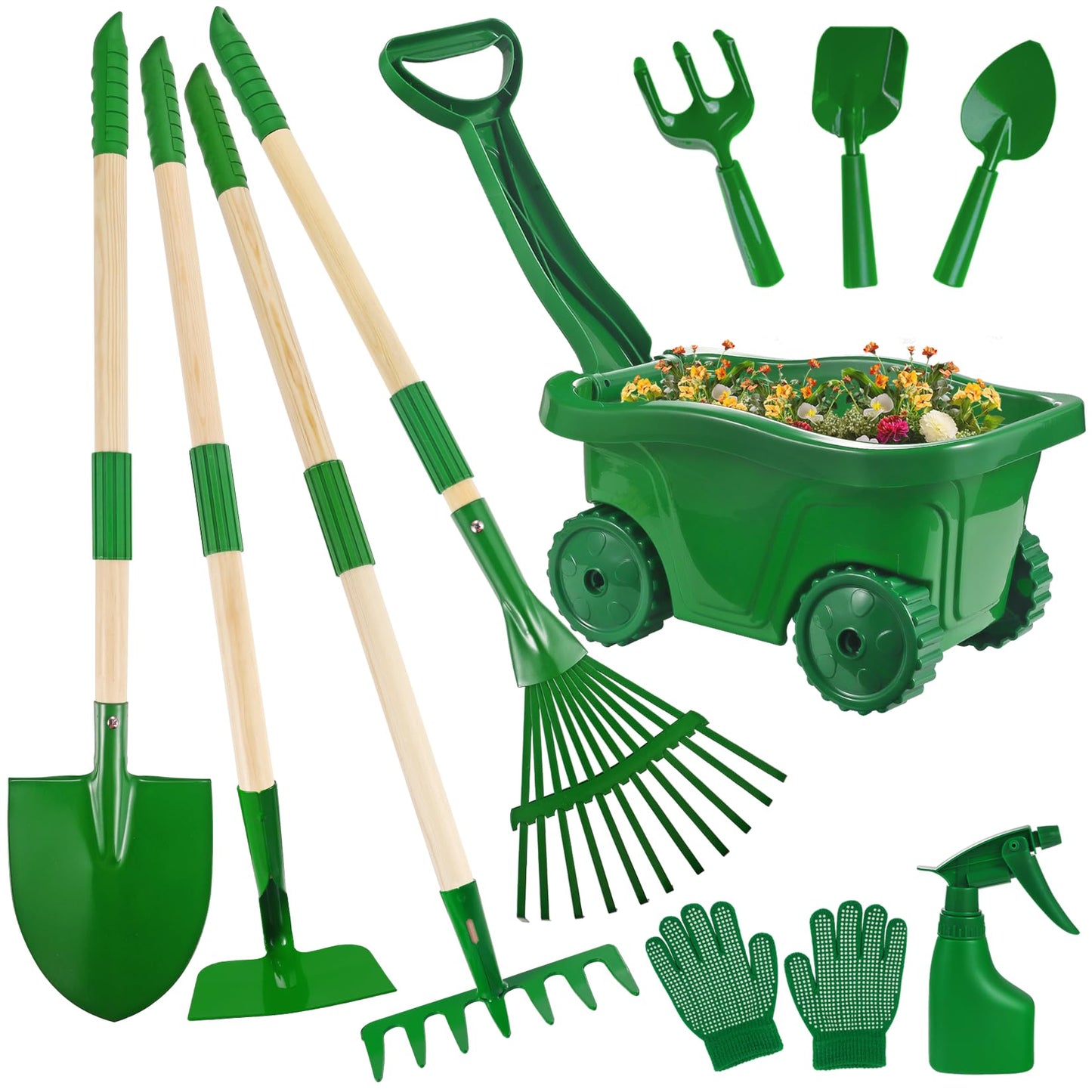 Duckura Kids Gardening Tools Set - 10pcs Wheelbarrow Set for Kids with Shovel  Rake  Leaf Rake  Summer Outdoor Yard Digging  Toys  Halloween Birthday Gifts for Boys Girls Age 2 3+ Years Old(Green)