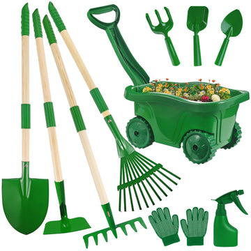 Duckura Kids Gardening Tools Set - 10pcs Wheelbarrow Set for Kids with Shovel  Rake  Leaf Rake  Summer Outdoor Yard Digging  Toys  Halloween Birthday Gifts for Boys Girls Age 2 3+ Years Old(Green)