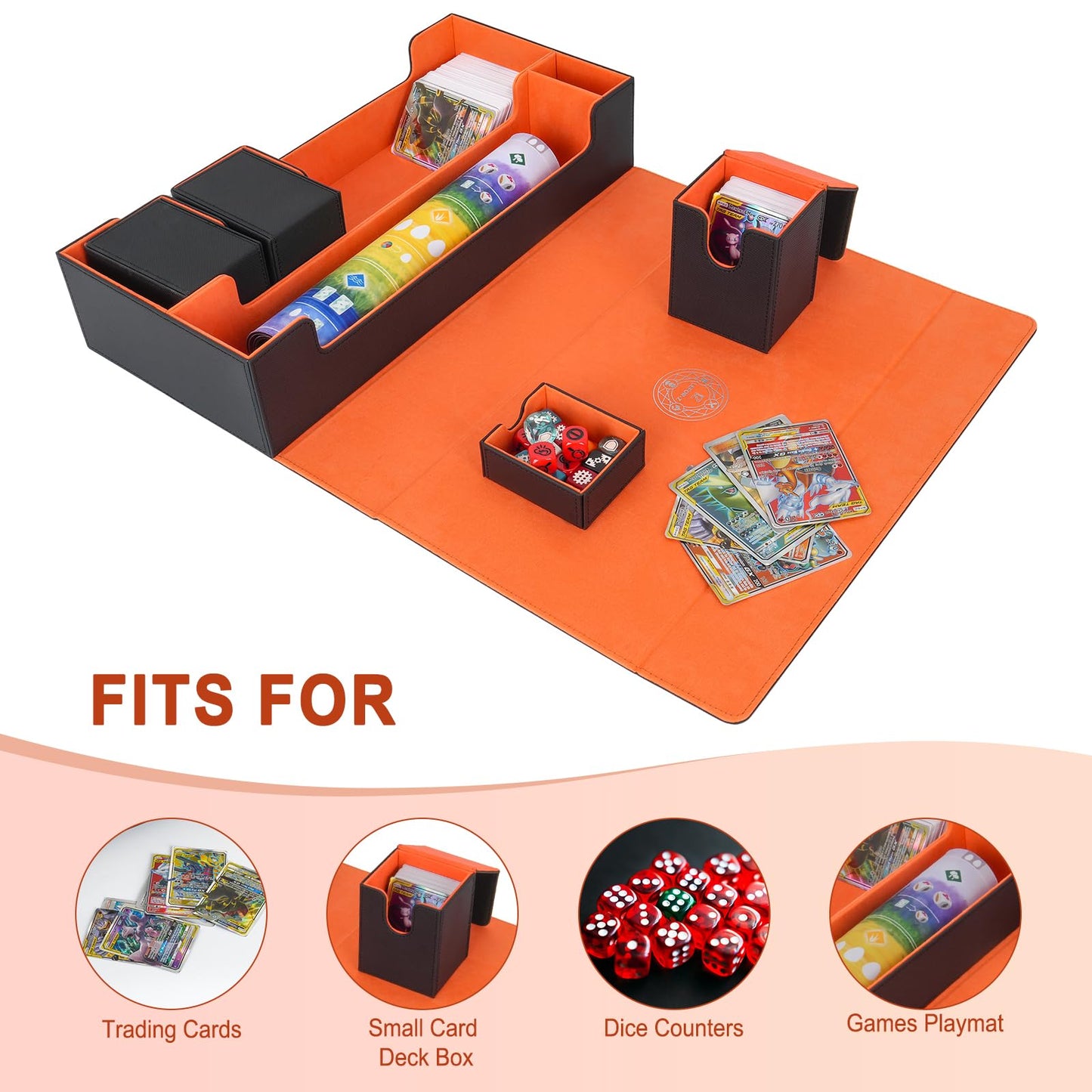 Card Deck Box X-Large enhanced Card Game Deck Storage Box Fits 5 Decks Card Box with Mat Case and Removable Compartment Card Deck Case Compatible with MTG/TCG/Yugioh/Magic/Commander(Black&Orange)