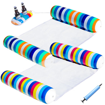 Finduwill 2 Pack Pool Floats Hammock With Drink Float, Inflatable Multi Purpose 4-In-1 Water Hammocks Floaties (Saddle, Lounge Chair, Hammock, Drifter), Pool Float Lounger For Adults (Green&Rainbow)