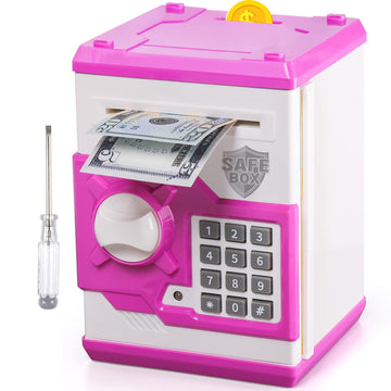Atm Piggy Bank For Boys Girls, Vcertcpl Mini Atm Coin Bank Money Saving Box With Password, Kids Safe Money Jar For Adults With Auto Grab Bill Slot, Great Gift Toy Bank For Kids (Purple White)