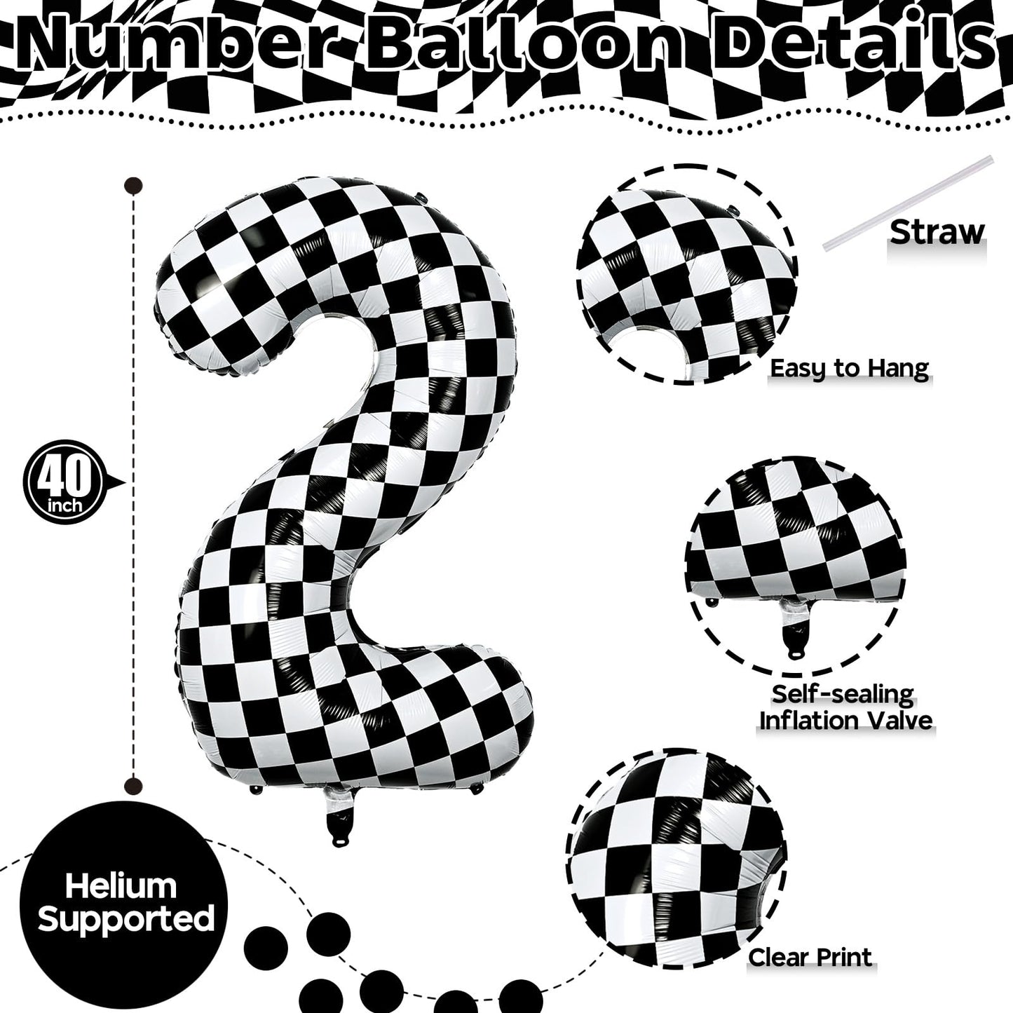 40 Inch 2Nd Birthday Number Balloon, Checkered Foil Self Inflating 2 Balloons Decor, Big Black And White Racing Helium Number 2