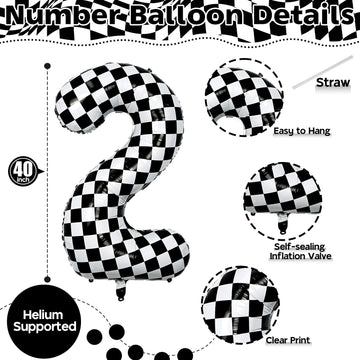 40 Inch 2Nd Birthday Number Balloon, Checkered Foil Self Inflating 2 Balloons Decor, Big Black And White Racing Helium Number 2