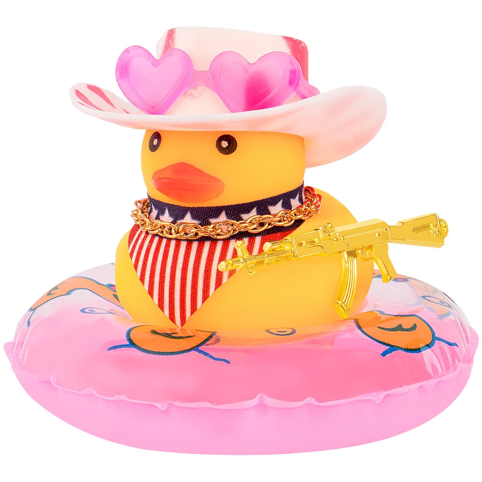 Wonuu Car Rubber Duck Decoration, West Cowboy Duck Car Dashboard Decoration Accessories With Mini Swim Ring Cowboy Hat Scarf And Sunglasses, A_Pink Horizontal Scarf White&Red Hat
