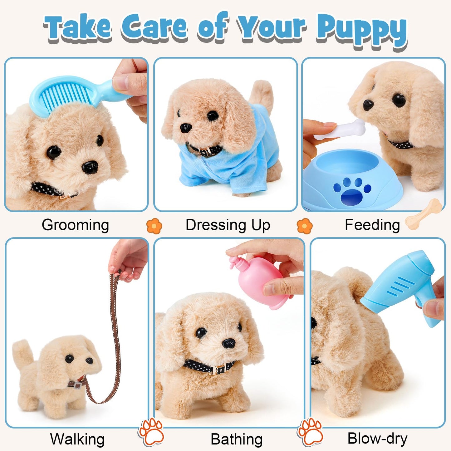 Cleboen 14pcs Robot Dog Toys for Kids Girls Boys 3-6  Realistic Electronic Interactive Plush Toy Dog with Walk & Bark  Pretend Play Puppy Pet Care Playset  3 4 5 6 Year Old Girl Birthday Gift Ideas