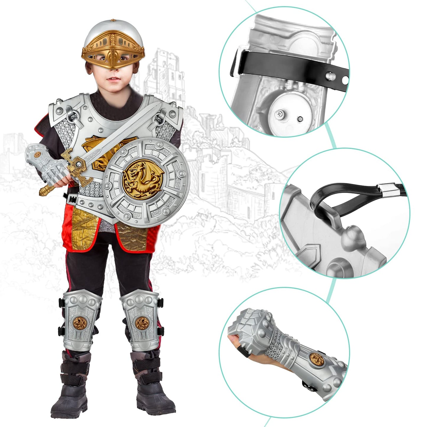 Eurzom 10 Pcs Knight protective covering Set for Kids Medieval Knight Costume with Helmet decorative replica blade Shield  Accessories Halloween Birthday Gifts for Kids Boys Dress up Pretend Role Play