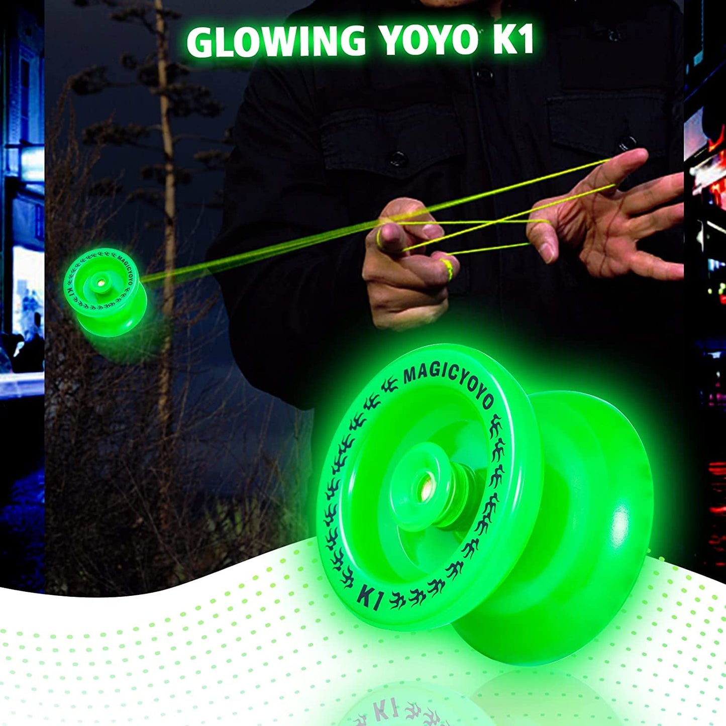 Magicyoyo Responsive Yoyo K1 Plus Glow In The Dark Green Yoyo For Beginner Kids, Plastic Abs Yoyo With Yoyo Glove+Yoyo Bag +12 R