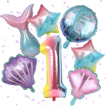 Mermaid 1St Birthday Decorations, 8Pcs Mermaid Party Decorations Balloons, 40 Inch Rainbow Number 1 Balloon, Large Helium Foil Mermaid Tail Balloon, Seashell Balloons For Girls' 1St Birthday Party