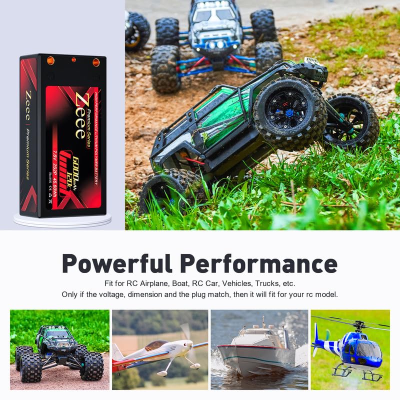 Zeee Premium Series 2S Shorty Lipo Battery 6000mAh 7.6V 120C Hard Case with 4mm Bullet to Deans Connector High Voltage Battery f