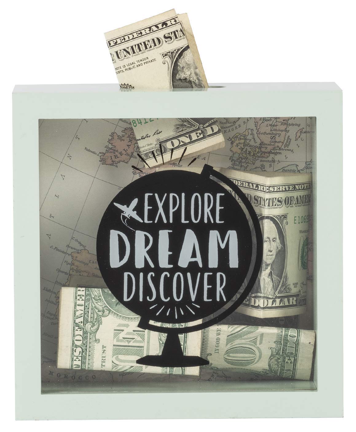 Prinz Explore Dream Discover Money Savings Piggy Bank for mature-themeds  Kids Savings Box Change Jar  6' x 6' Wooden Shadow Box  Light Green