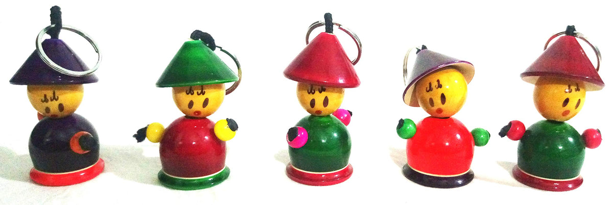 Crafts India Handcrafted Channapatna Wooden Doll Key Chain (Gombe)  5Pcs