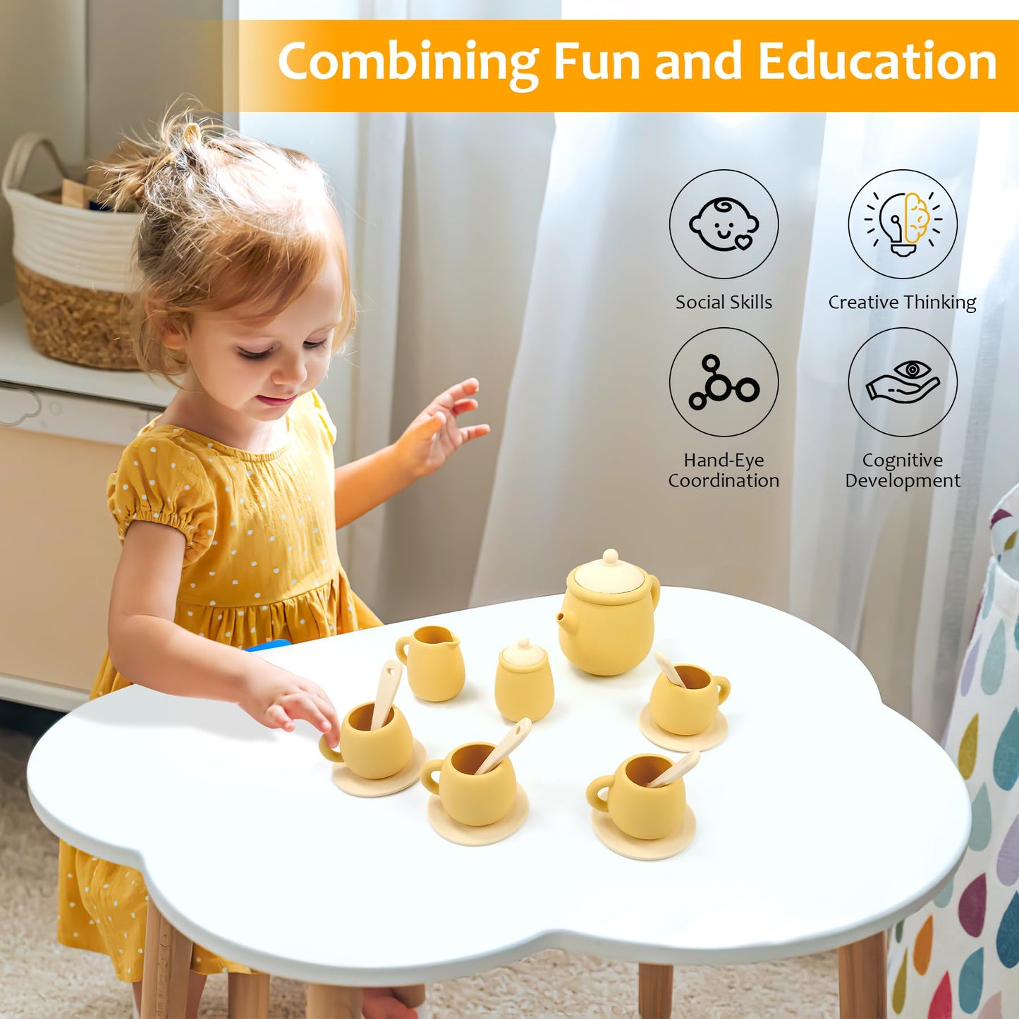 MCGMITT Tea Party Set for Little Girls, 15 Pcs Silicone Tea Set for Kids, Toddler Tea Set with Teapot Tea Cup Coasters Creamer S