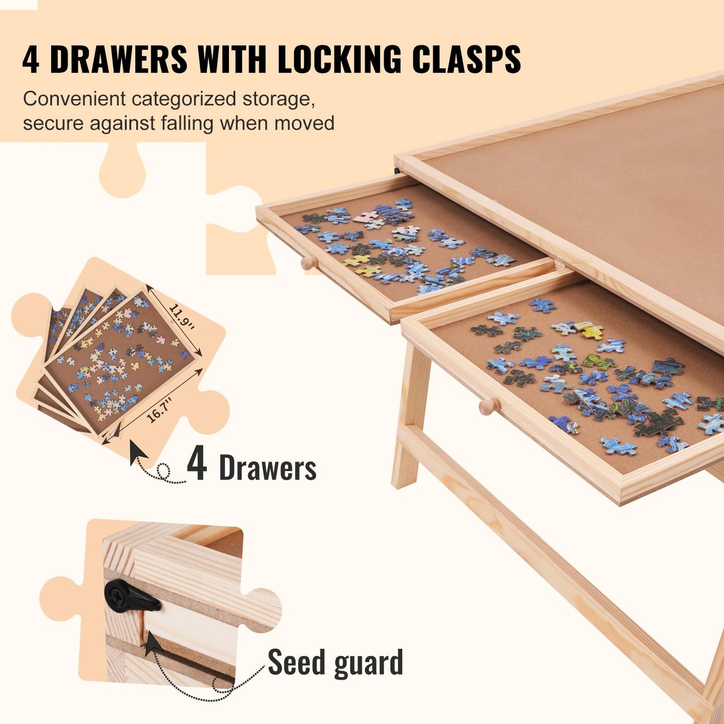Vevor 1500 Piece Puzzle Table With Folding Legs, 4 Drawers And Cover, 32.7''X24.6'' Wooden Jigsaw Puzzle Plateau, Puzzle Accesso