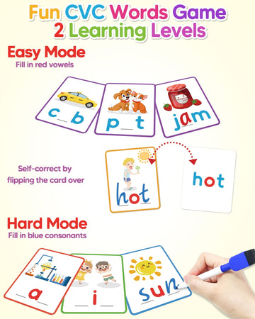 Gojmzo Cvc Word Writing & Spelling Flash Cards, Preschool Learning Toddler Activities, Kindergarten Homeschool Supplies, Sight Words Reading Game, Montessori Educational Toys For 3 4 5 6 Year Old Kids