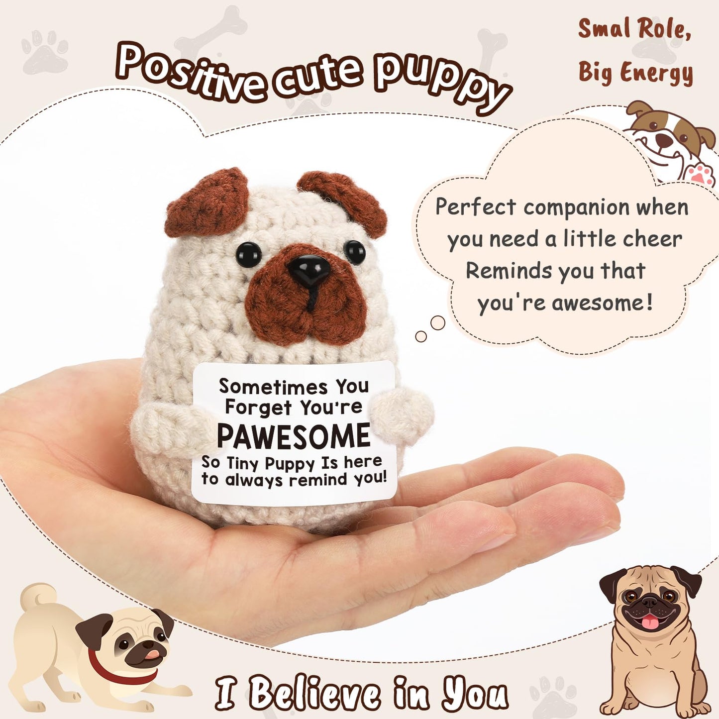 Lodeskee Crochet Affirmation Sign - Pug 02-Pawesome, White, Handmade Emotional Support Gift for Women & Dog Lovers