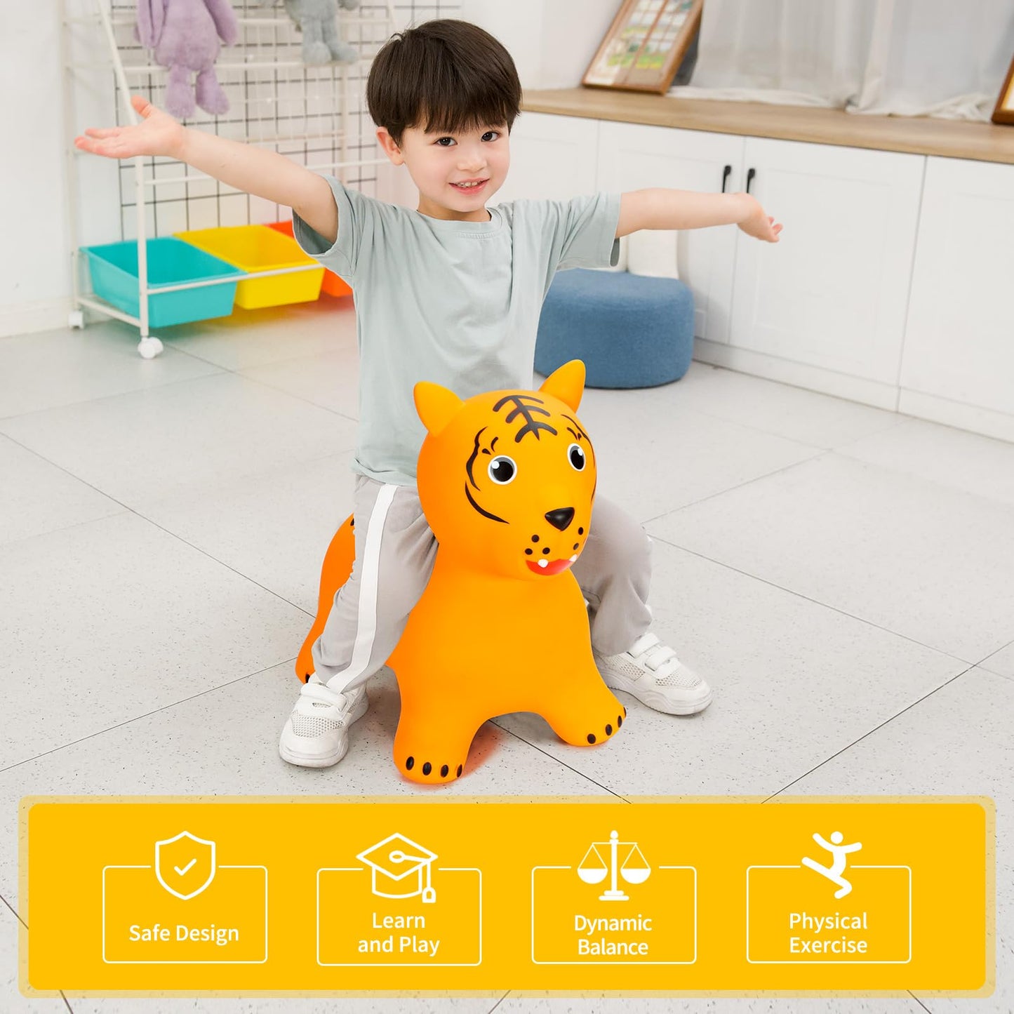 INPANY Bouncy Tiger Hopper Party Animal Toys  Wild One Birthday Safari Baby Shower Decorations Toddlers Bouncing Jungle Animal Figures  Ride on Rubber Bouncer  Outdoor Gifts for 2 3 4 Yr Girl Boy