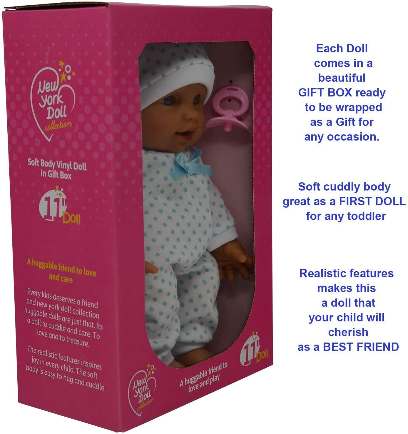 11 Inch Soft Body Hispanic Newborn Baby Doll In Gift Box - Doll Pacifier Included