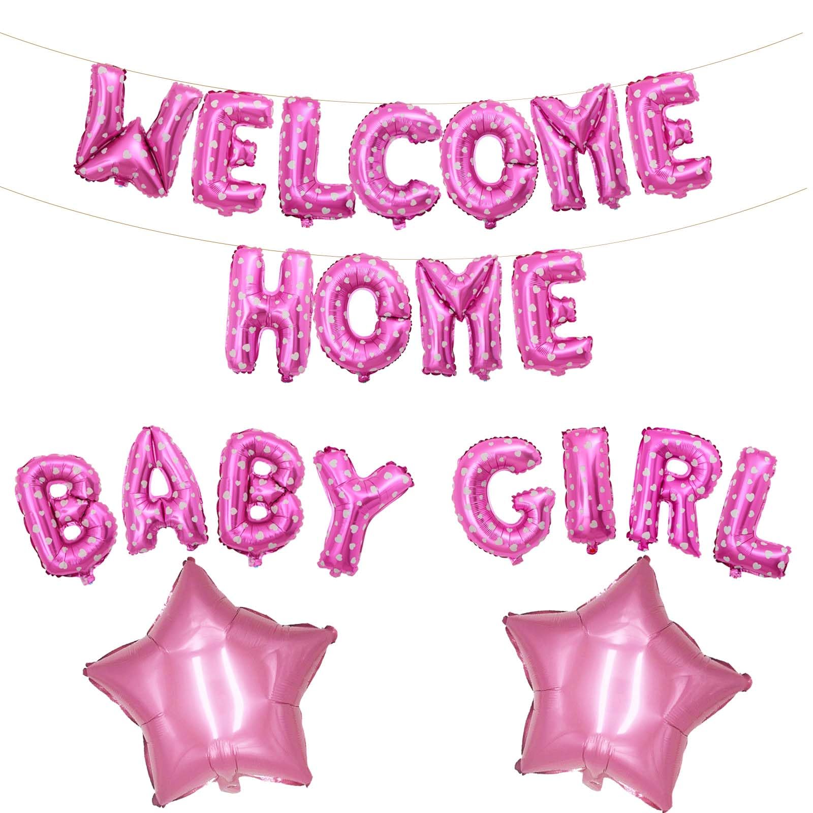 Jumdaqq Welcome Home Baby Girl Letter Balloon Banner, Pink Heart, 21 Pieces, For Baby Shower Decorations