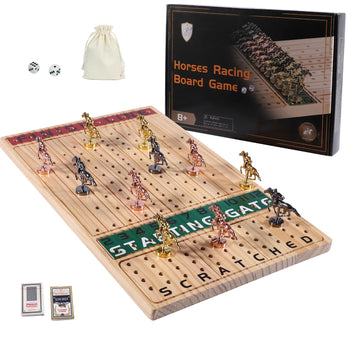 Grhonior Horse Racing Board Game With 11 Luxury Metal Horses Thickened Wood Game Board Including Dice And Cards Finish Line Race