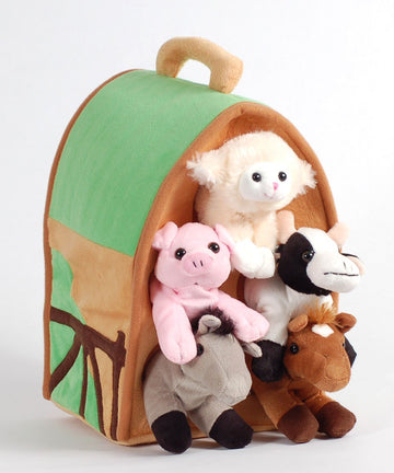 Plush Farm House With Animals- Five (5) Stuffed Farm Animals (Horse, Lamb, Cow, Pig, Grey Horse) In Play Farm House