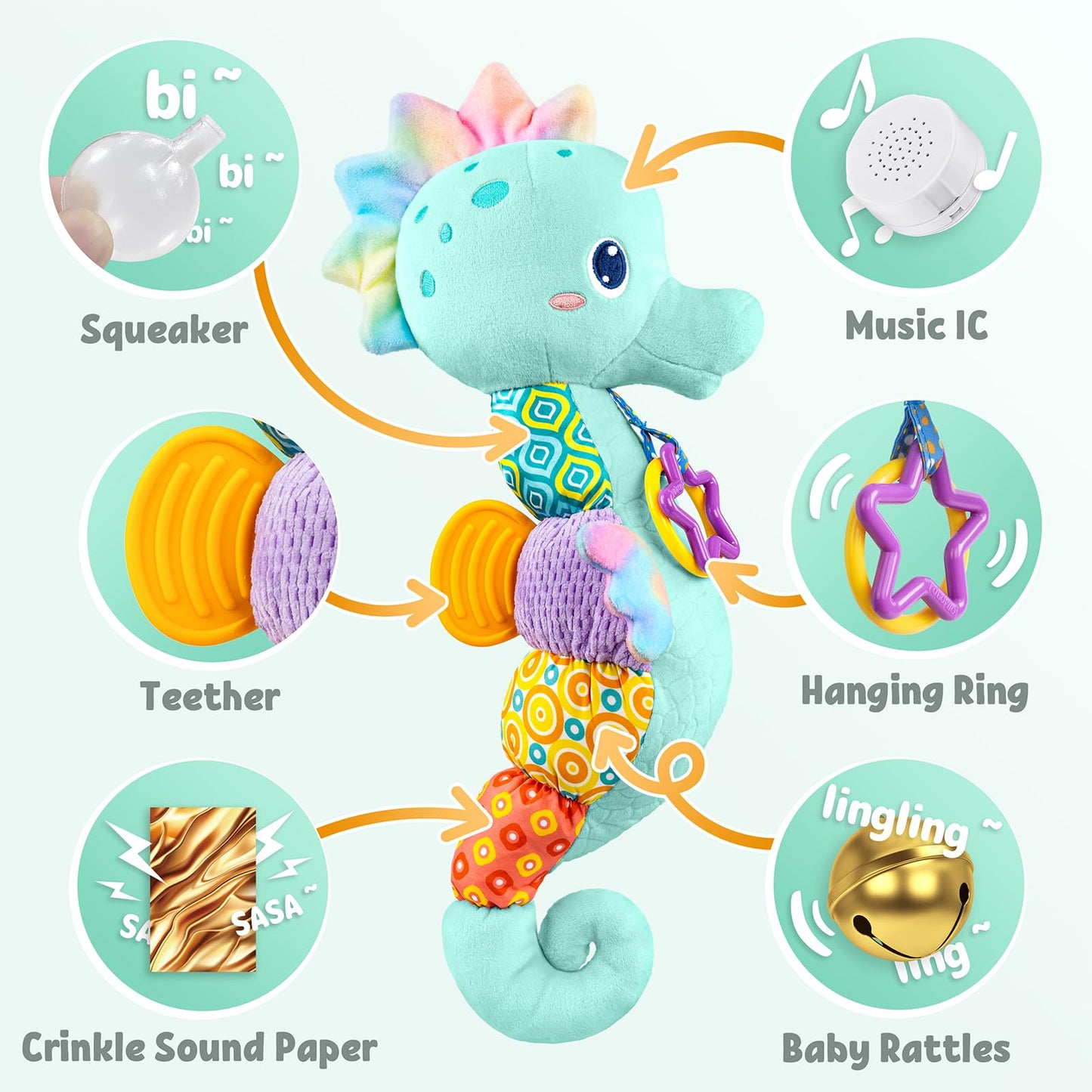 Lightdesire Baby Toys Musical Seahorse,Infant Stuffed Animal Toys With Crinkle And Rattles,Soft Sensory Toys With Textures For T