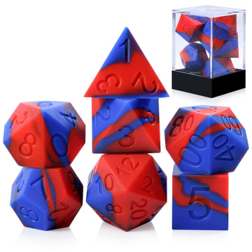Silicone DND Dice, DNDND 7PCS Silicone Rubber D&D Dice Set with Clear Plastic Display Case for DND Role Playing Games and Tablet