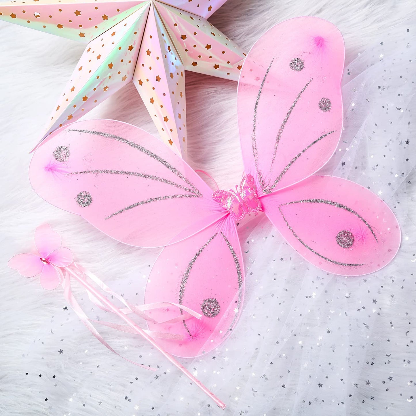 24 Sets Fairy Wings Butterfly Angel Costume Butterfly Wings for Girls Colorful Fairy Wands for Kid Dress up Party Halloween Role