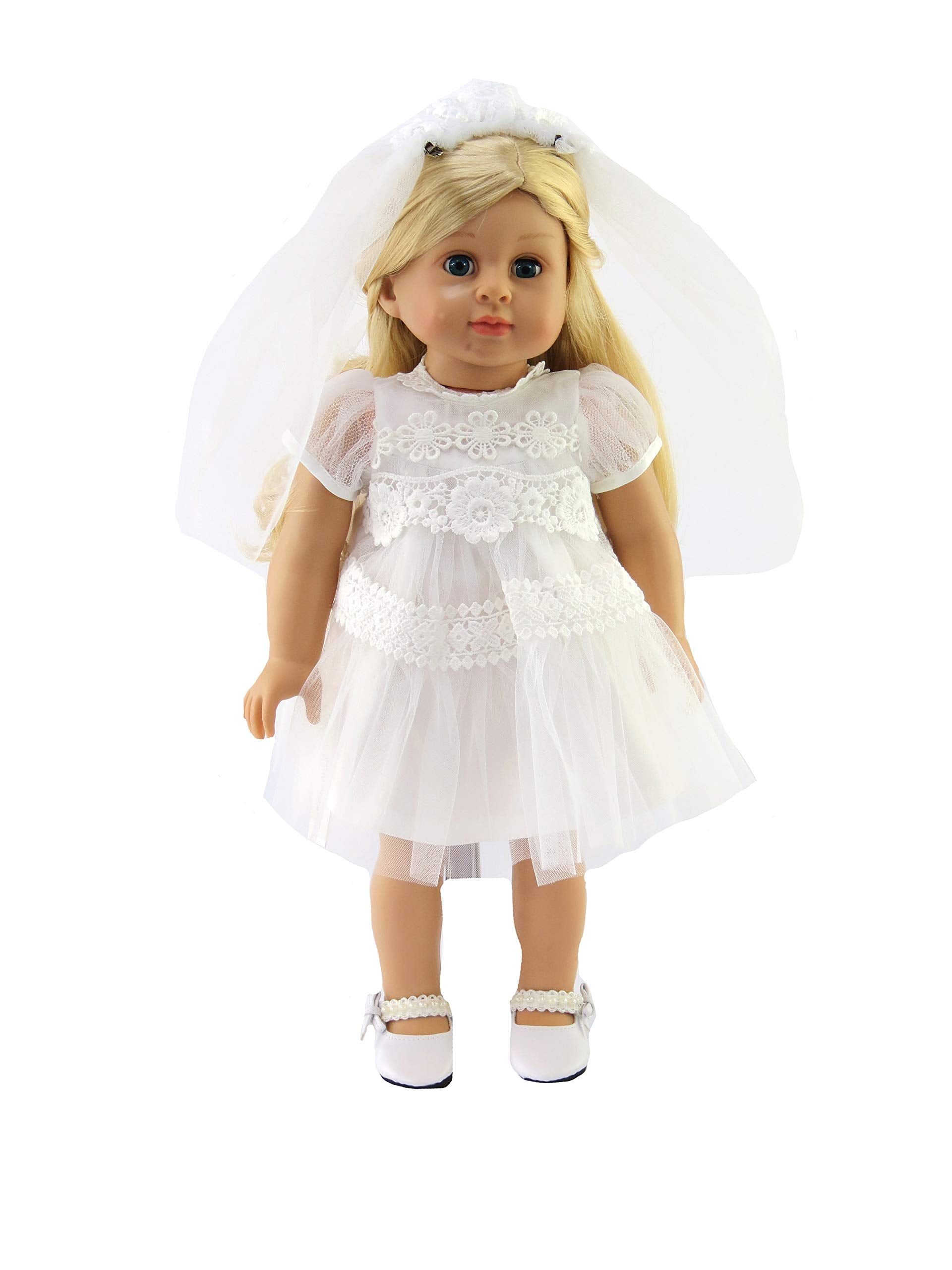 American Fashion World White Communion Dress Set for 18-Inch Dolls | Veil Included | enhanced Quality & Trendy Design | Dolls Clothes | Outfit Fashions for Dolls for Popular Brands
