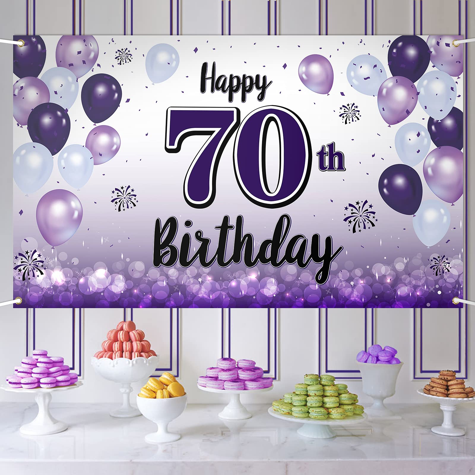 LASKYER Happy 70th Birthday Decorations,70th Purple Balloon Large Birthday Banner Backdrop Sign,Cheers to Seventy Years Old Bday