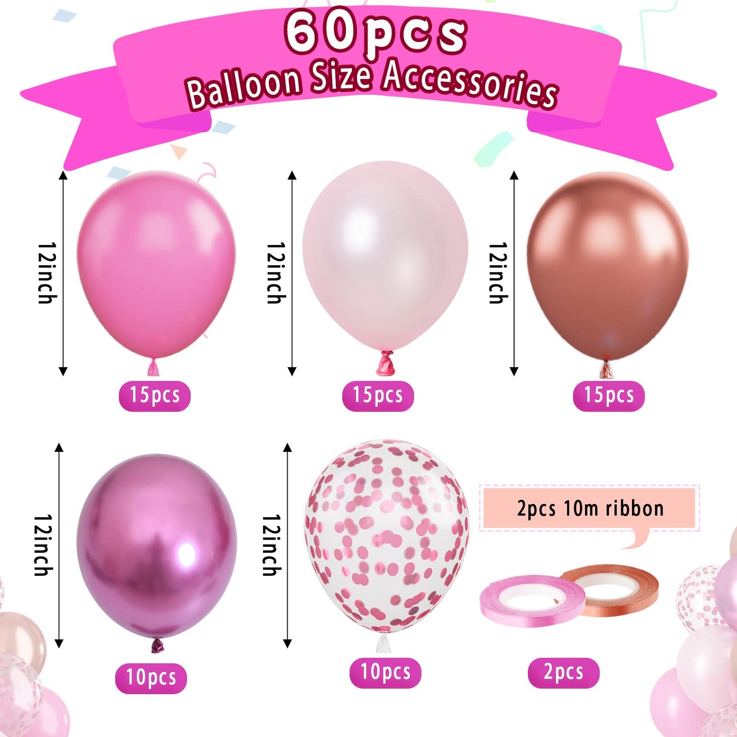 Paready Pink Confetti Balloons, 60 Pcs 12 Inch Metallic Red Rose Gold And Pink Latex Confetti Balloons For Birthday Baby Shower
