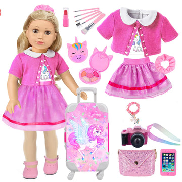 American 18 Inch Doll Clothes And Accessories - Suitcase Luggage, Camera,Mobile Phone, Lipstick, Blush, Makeup Brushes, Bracelet