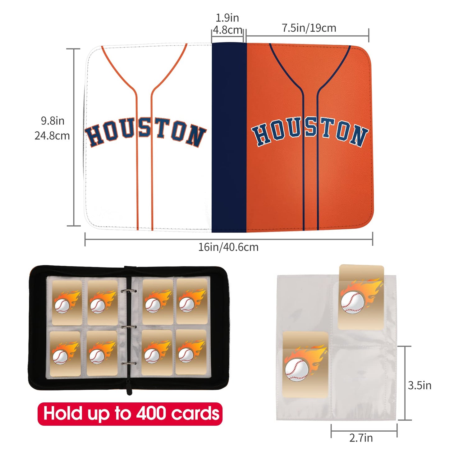 Kivolfun Baseball Card Binder With Sleeves, 400 Pocket, Houston Orange, 3 Ring Binder Storage Book Folder Organizer For Kids Gif