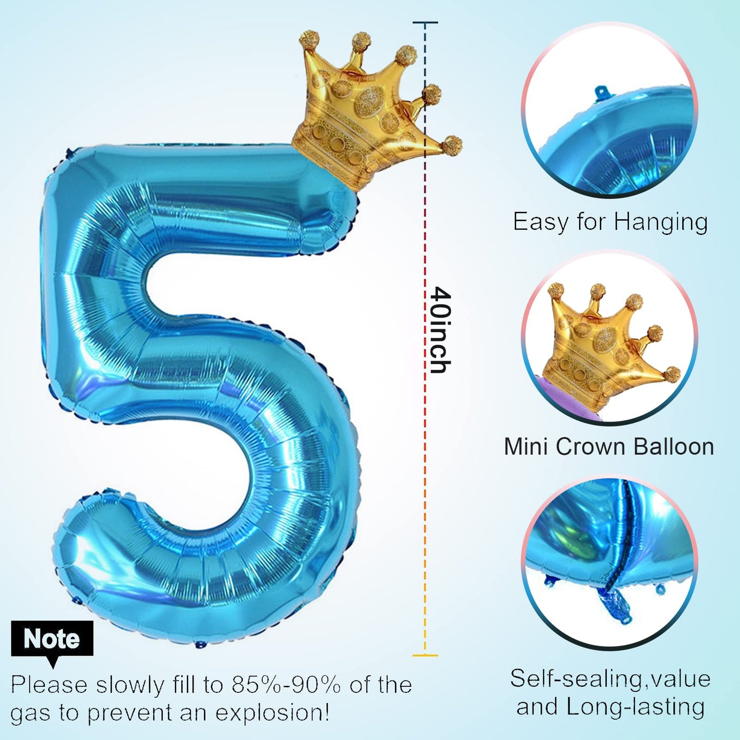 40 Inch Light Blue Number 5 And Mini Crown Balloon For 5Th Birthday Party Decorations, Light Blue Birthday Party Balloons Decora