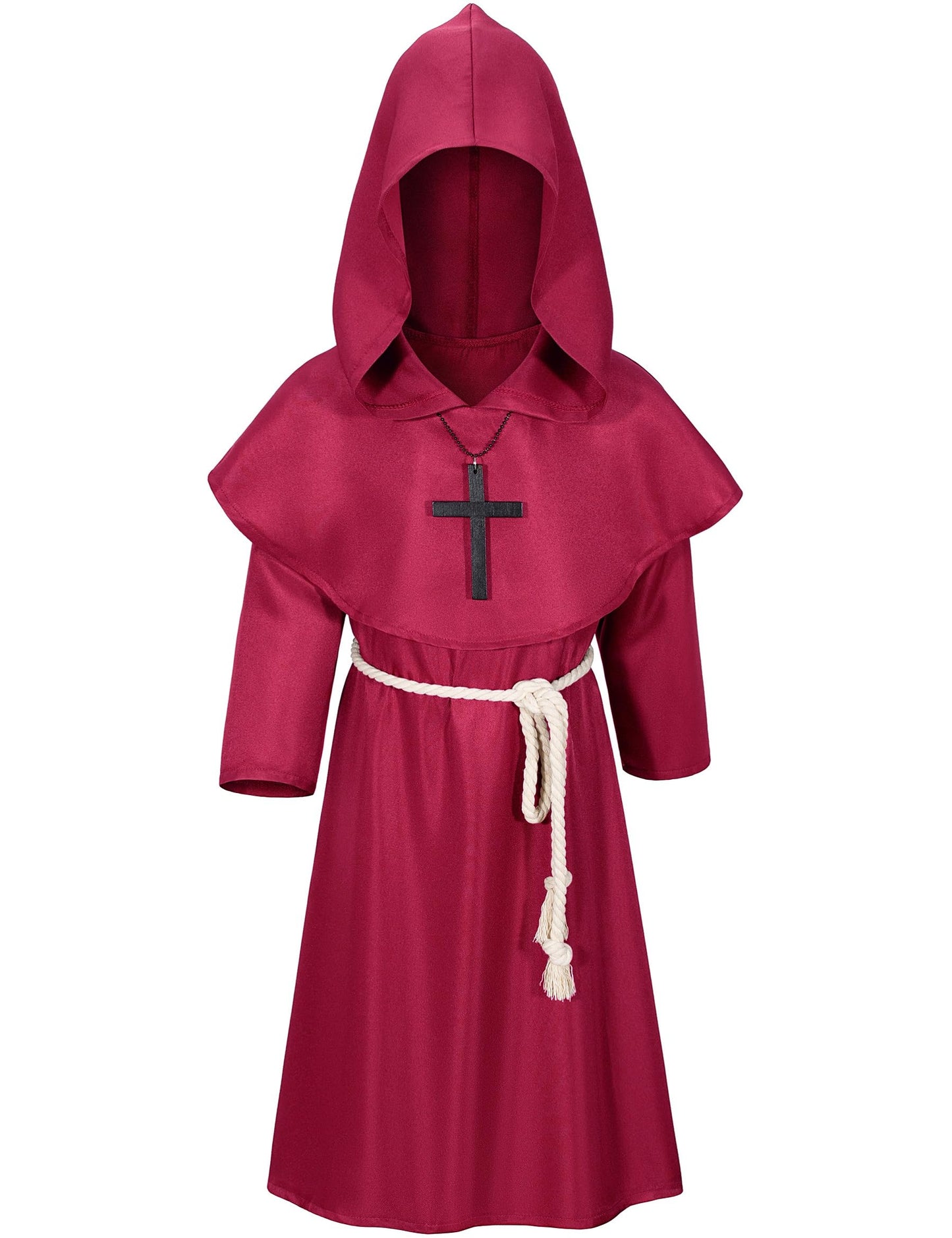 Kids Medieval Renaissance Monk Costume Priest Friar Wizard Cloak Hooded Robe Cosplay Costume Belt Necklace Set(RD 120)